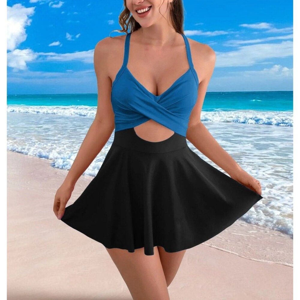 Women Cutout One Piece Skirt Swimsuit Halter V Neck Wrap Tie Back Swimdress XL